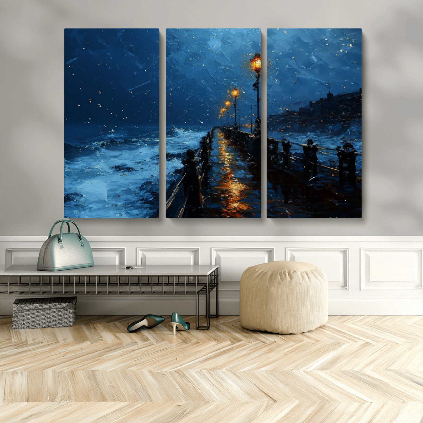 "Impressionistic painting of a rainy pier at night with glowing street lamps reflecting on the wet surface, ocean waves crashing under a dark blue sky."