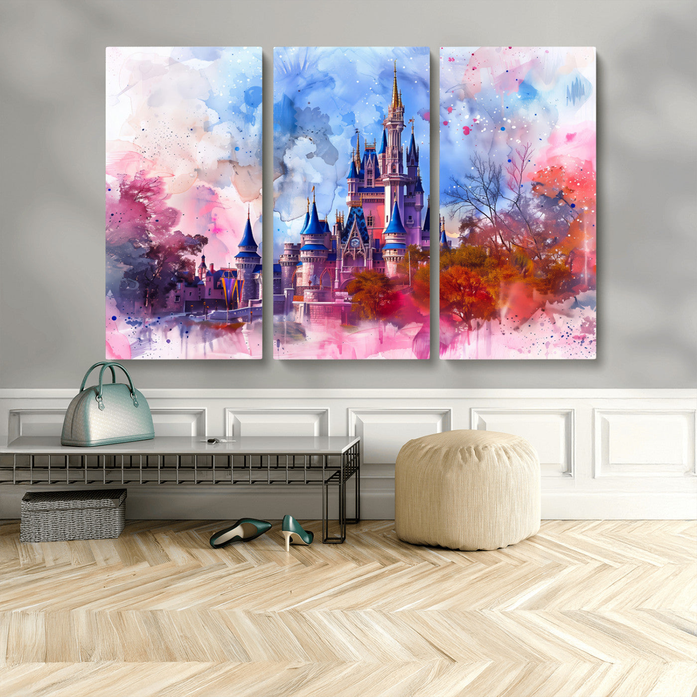 Watercolor canvas of a dreamy Disney-style castle in pastel pink and blue tones, perfect for fairytale or whimsical home decor.