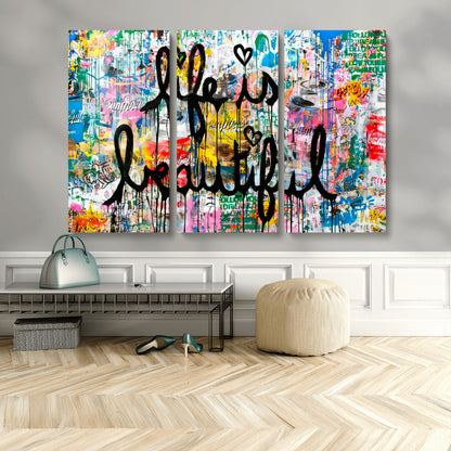 Colorful urban-style canvas with graffiti text “Life is Beautiful” in black paint, ideal for bold or street-themed home decor.