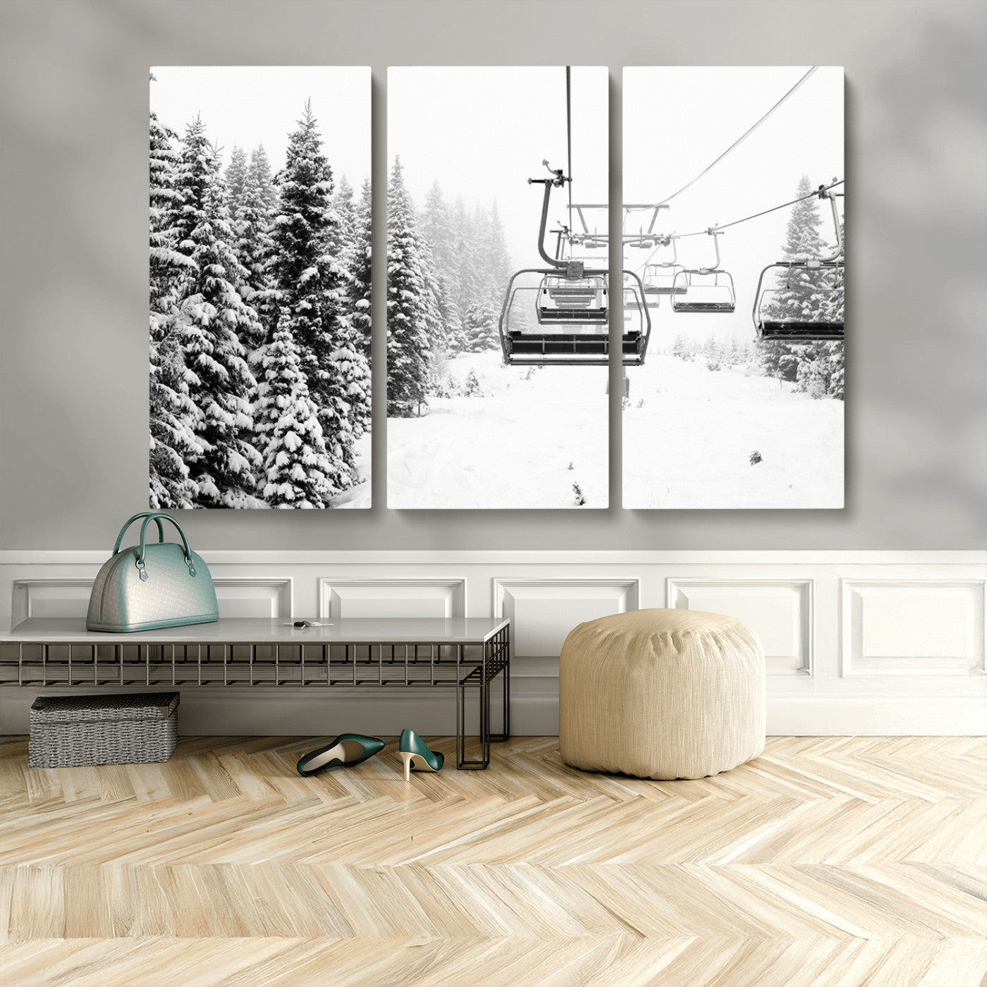 Black and white canvas of empty ski lifts over a snowy pine forest, perfect for minimal winter or ski lodge-inspired decor.