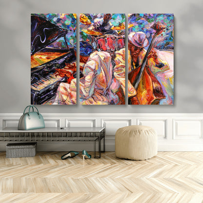 Vibrant oil painting of a jazz band with piano, saxophone, and bass, ideal for colorful and expressive music-themed home decor.