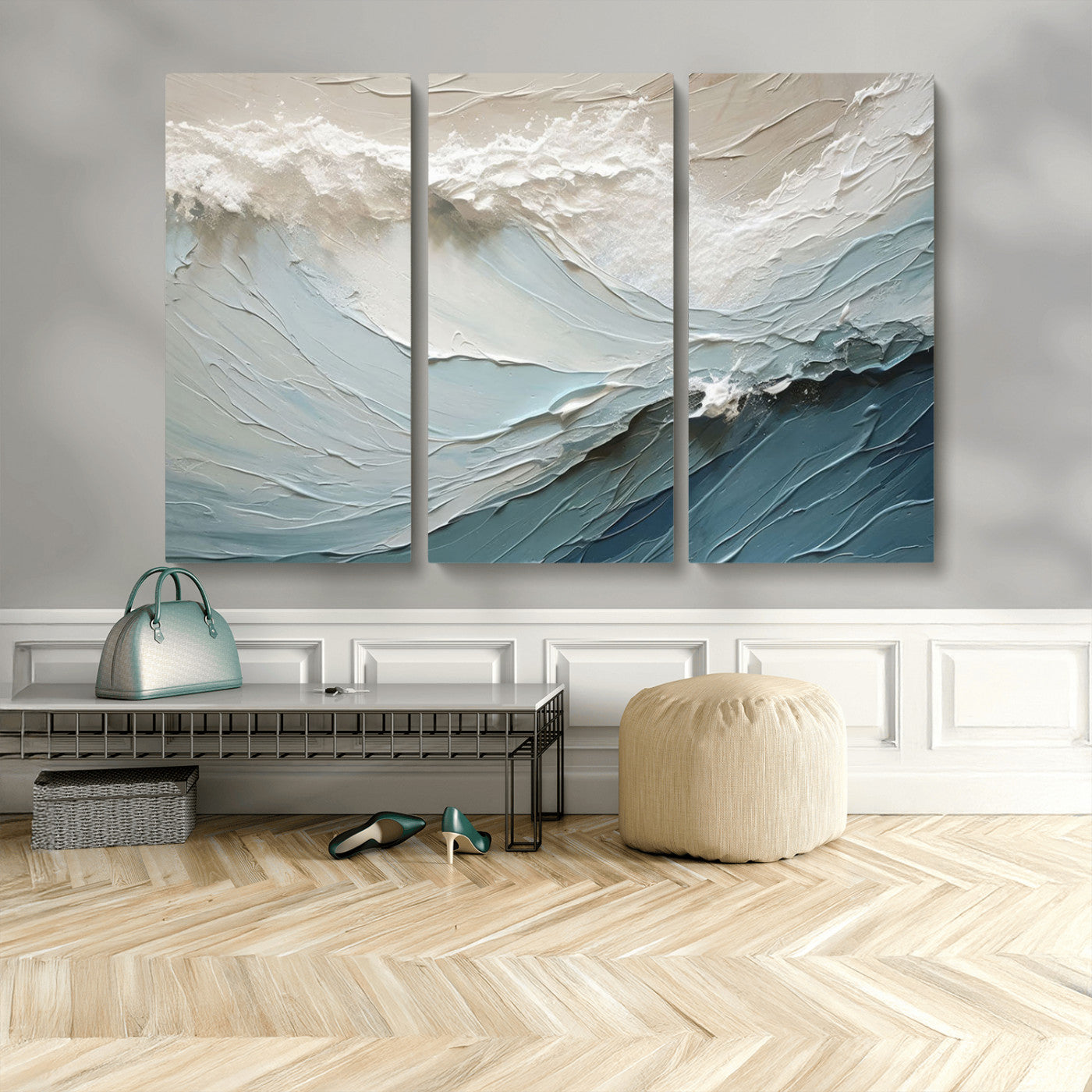Textured canvas of ocean waves in soft coastal blues and creamy whites, ideal for modern or minimalist coastal-style interiors.