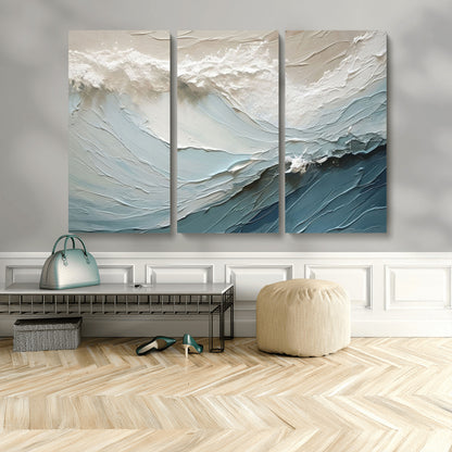 Textured canvas of ocean waves in soft coastal blues and creamy whites, ideal for modern or minimalist coastal-style interiors.