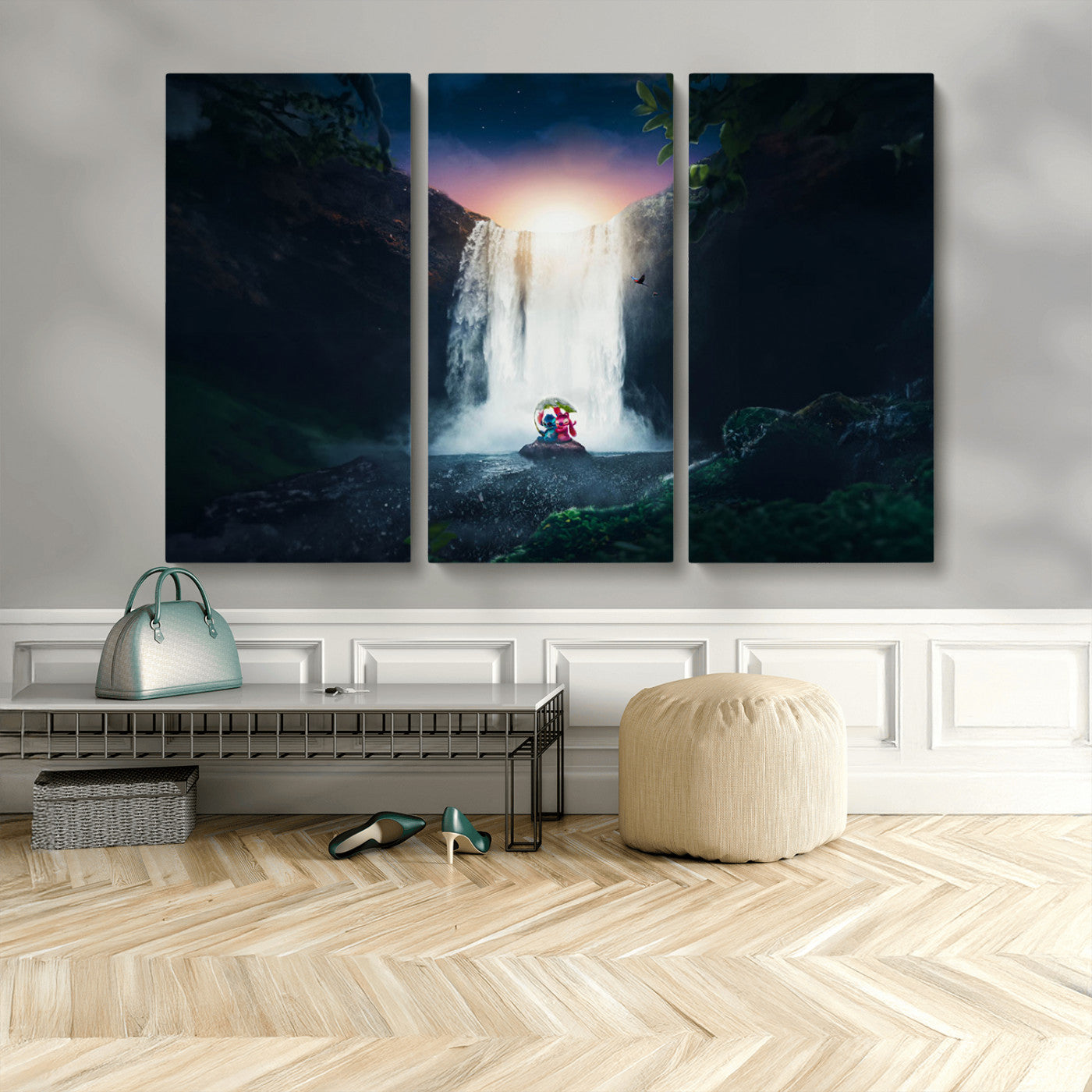 Romantic scene of Stitch and Angel sitting under a leaf in front of a glowing waterfall, ideal for tropical or fantasy-themed decor.
