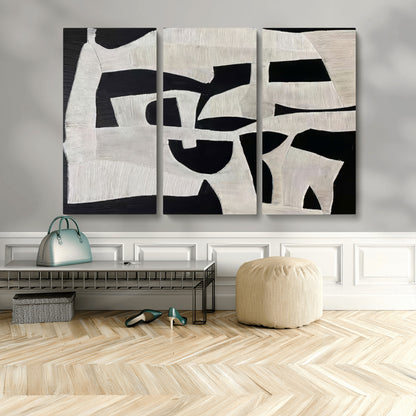 Minimalist black and white canvas featuring bold abstract textures and geometric shapes, ideal for modern neutral decor.