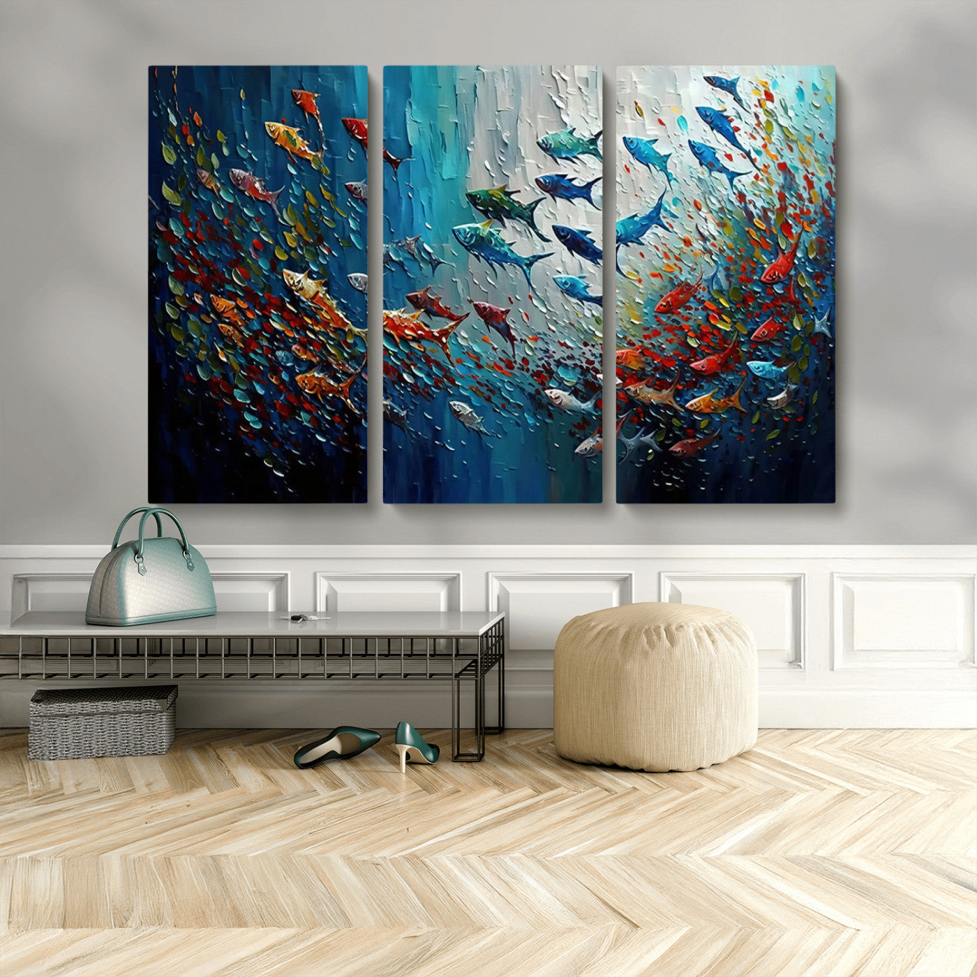 Colorful painting of fish swimming in abstract ocean swirls, perfect for vibrant marine-themed or expressive coastal home decor.