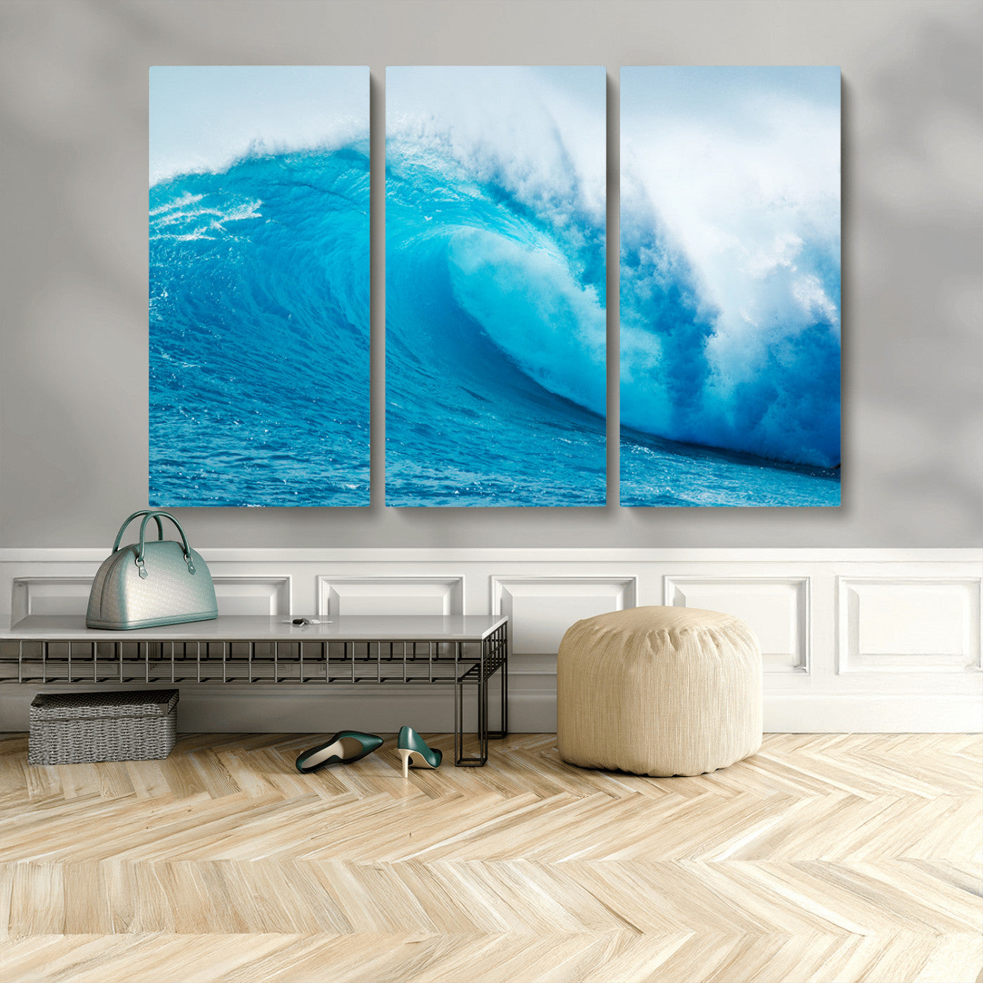 Vibrant canvas of a powerful curling ocean wave in tropical blue tones, perfect for coastal or surf-inspired decor settings.