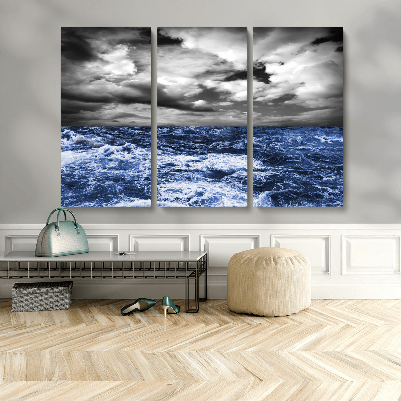 Moody canvas wall art of a stormy ocean under a dramatic black-and-white sky, perfect for bold or coastal-style interiors.