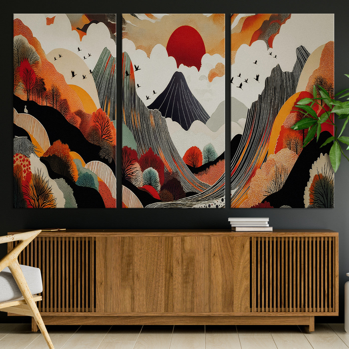 Abstract Mountain Wall Art Canvas Print, Vibrant Landscape Print, Framed Stylized Nature Drawing Art Print, Large Sunset Mountains Printing Perfect for Contemporary Minimalist Decor