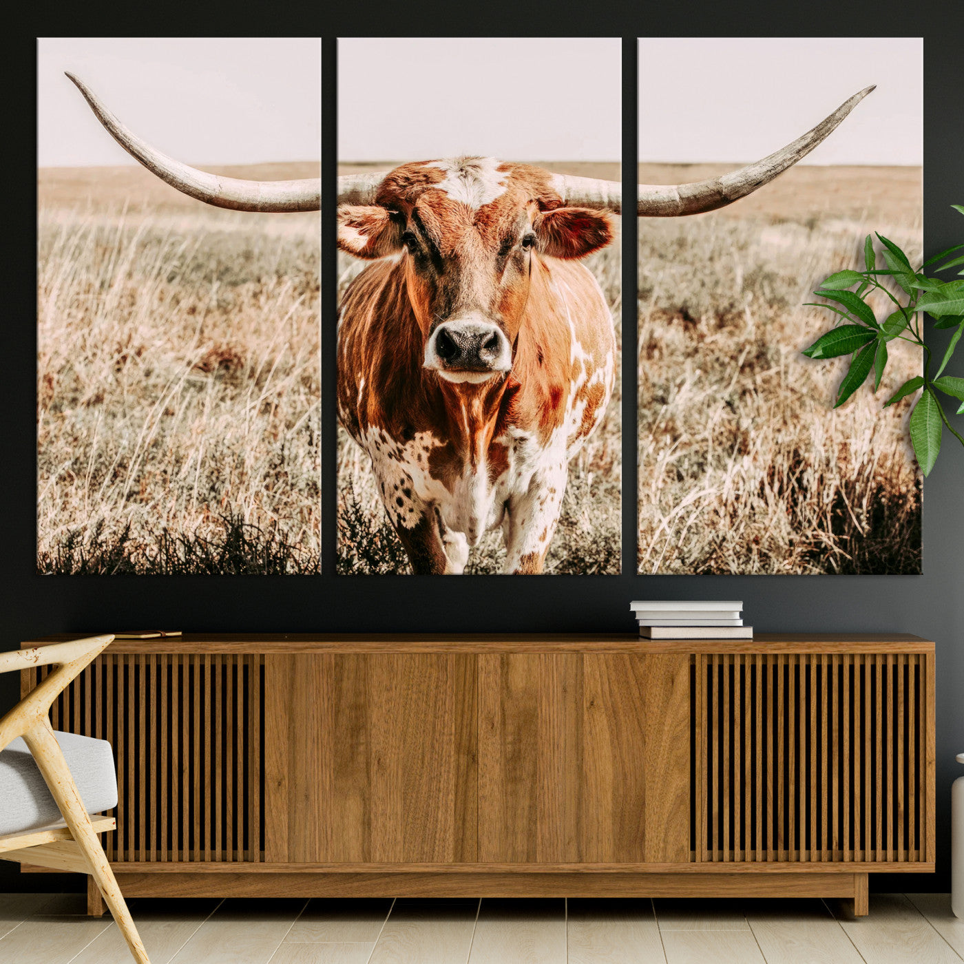 Framed longhorn cow canvas wall art with rustic prairie background, western animal print perfect for farmhouse or ranch style decor
