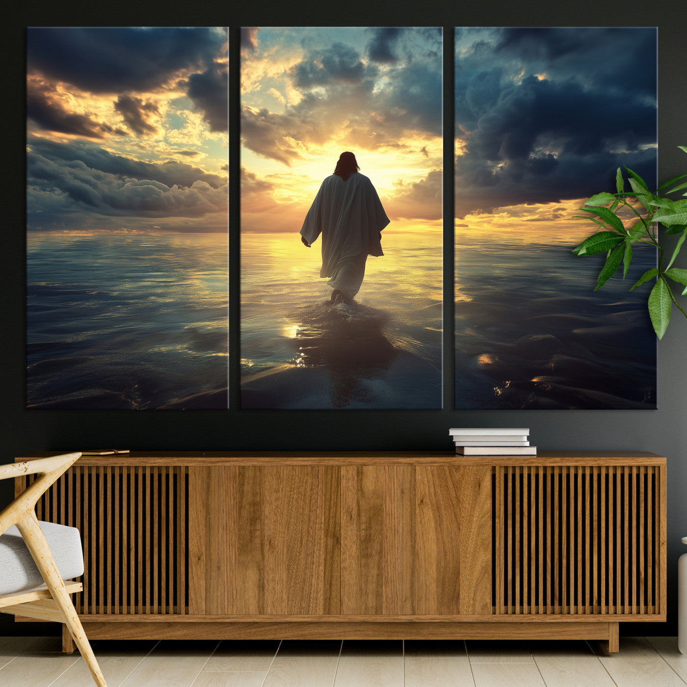 Spiritual artwork of Jesus walking on water at golden hour with divine light, ideal for Christian home decor or prayer room.