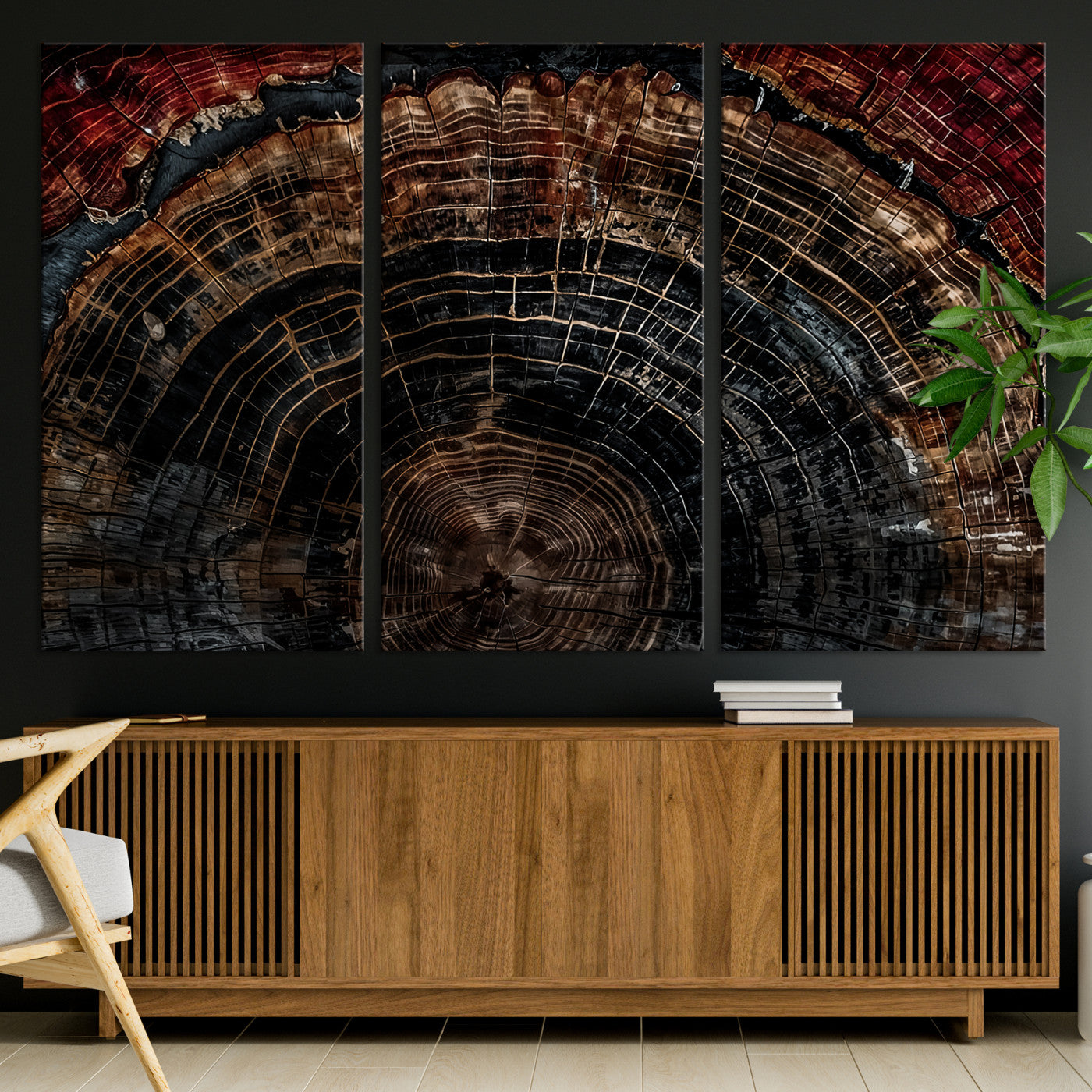 Dark Wood Wall Art Print - Petrified Tree Canvas Print, featuring an intricate tree ring pattern with deep earthy tones and organic textures, perfect for rustic and nature-inspired decor.