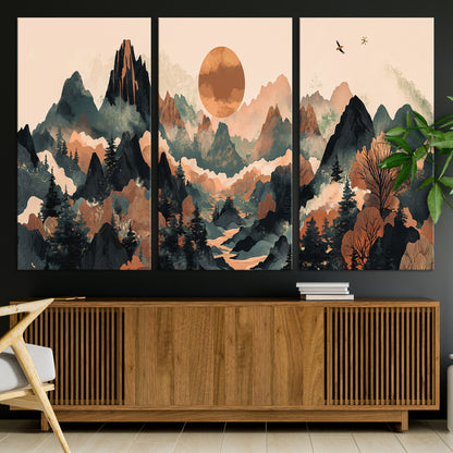 Mountain Landscape Wall Art Print - Sunset Hills Canvas Print, featuring an abstract nature scene with earthy tones and misty peaks, perfect for boho and modern decor.