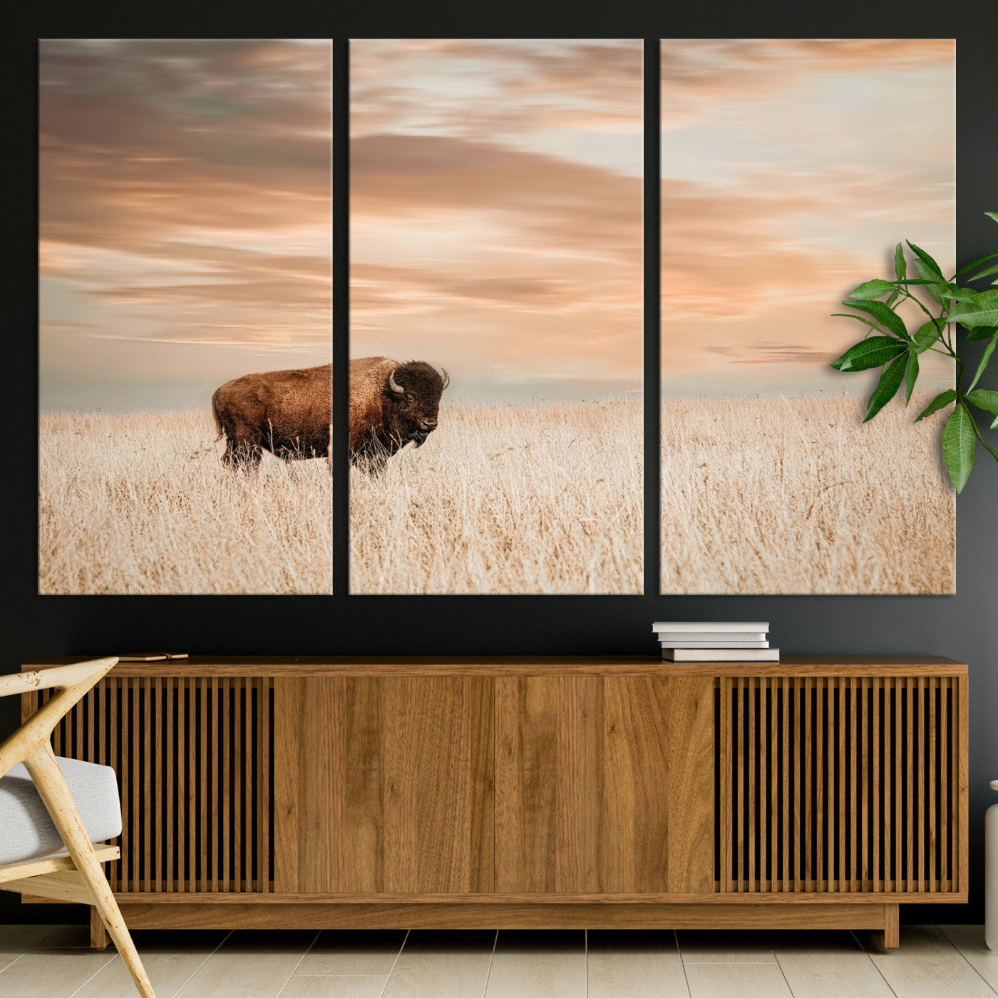 Bison Wall Art Print - Buffalo Canvas Print, featuring a lone bison in a golden prairie under a warm sunset sky, perfect for rustic and farmhouse decor.