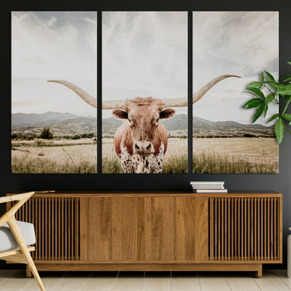 Longhorn Wall Art Print - Western Cow Canvas Print, featuring a majestic Texas longhorn in a rustic prairie setting, perfect for farmhouse and western decor.