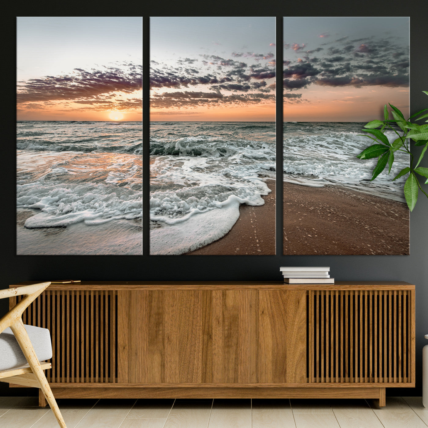 Ocean Sunset Wall Art Print - Beach Waves Canvas Print, featuring a serene seascape with golden sunlight reflecting on gentle waves, perfect for coastal and minimalist decor.