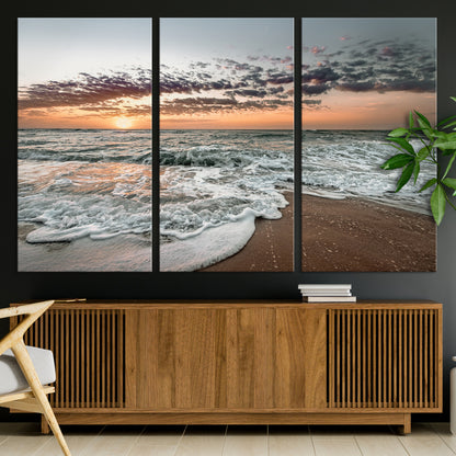 Ocean Sunset Wall Art Print - Beach Waves Canvas Print, featuring a serene seascape with golden sunlight reflecting on gentle waves, perfect for coastal and minimalist decor.