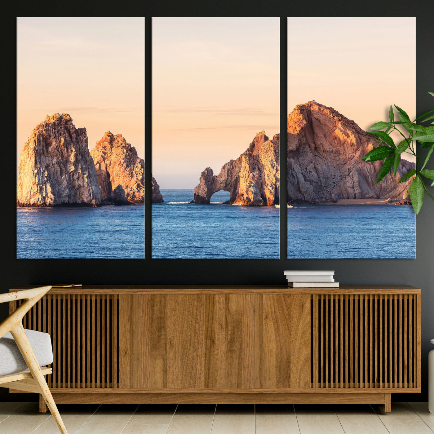 Framed canvas of El Arco rock formation in Cabo San Lucas at golden hour, ideal for coastal landmark or ocean-inspired decor.
