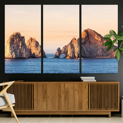 Framed canvas of El Arco rock formation in Cabo San Lucas at golden hour, ideal for coastal landmark or ocean-inspired decor.