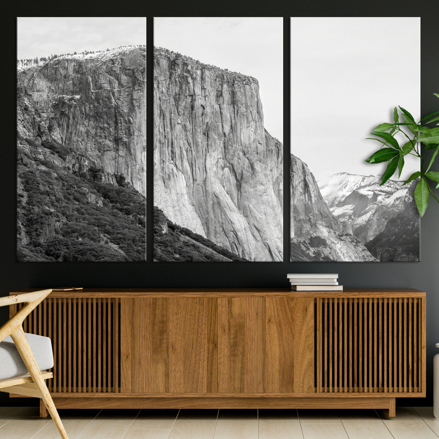 Monochrome canvas of El Capitan’s granite wall in Yosemite with snowy peaks, ideal for dramatic mountain or black-and-white nature decor.