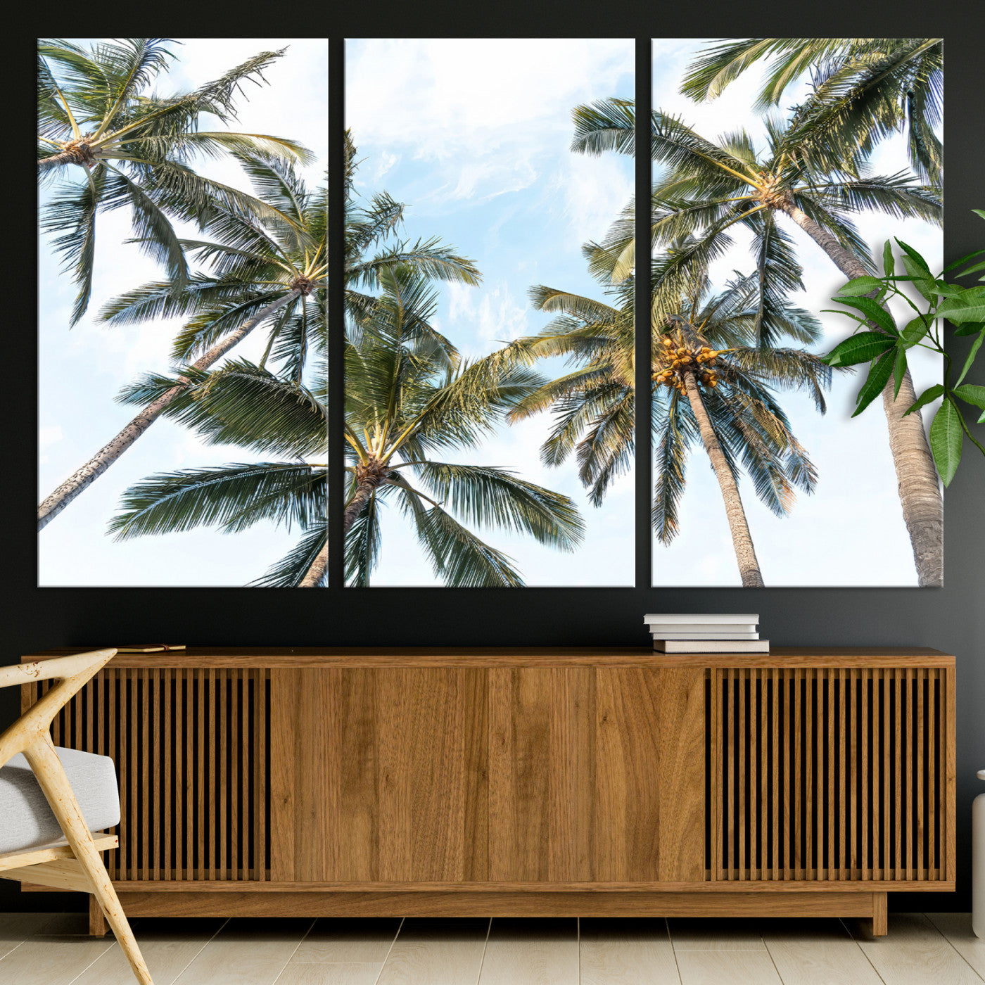 Framed canvas of tall palm trees reaching into a tropical sky, ideal for beach home or relaxed island-inspired wall decor.