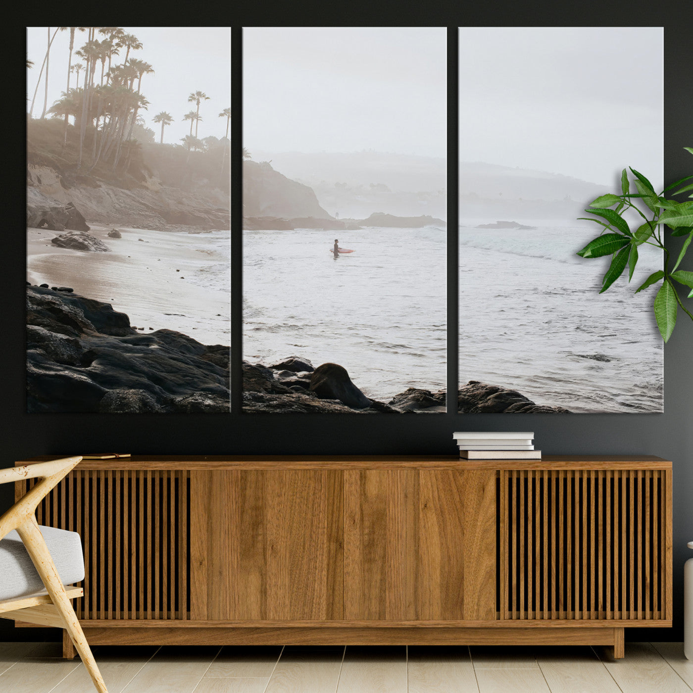 Framed canvas of a surfer in misty coastal tones at a foggy California beach, ideal for minimalist coastal beach or serene ocean-themed decor.