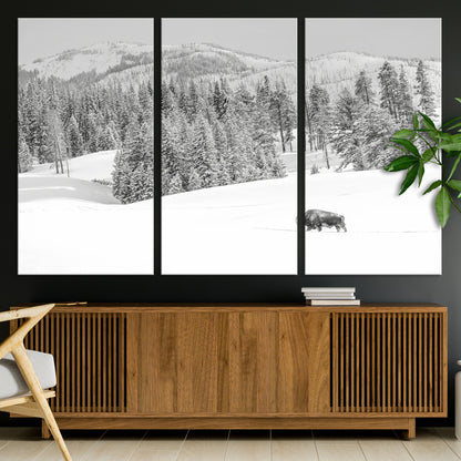 Snowy bison walking through white forest landscape, ideal for monochrome winter or wilderness-style interior wall decoration.