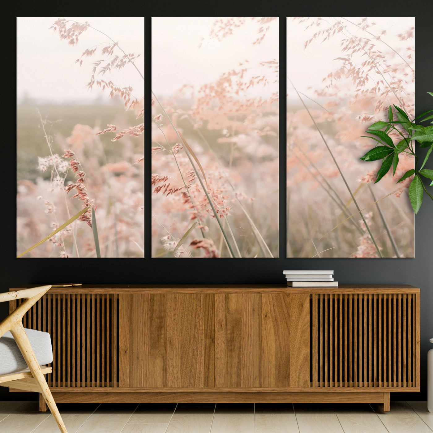 Soft pastel field with wild grasses in warm light, ideal for minimal nature or airy countryside-inspired interior wall decoration.