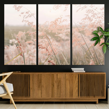 Soft pastel field with wild grasses in warm light, ideal for minimal nature or airy countryside-inspired interior wall decoration.