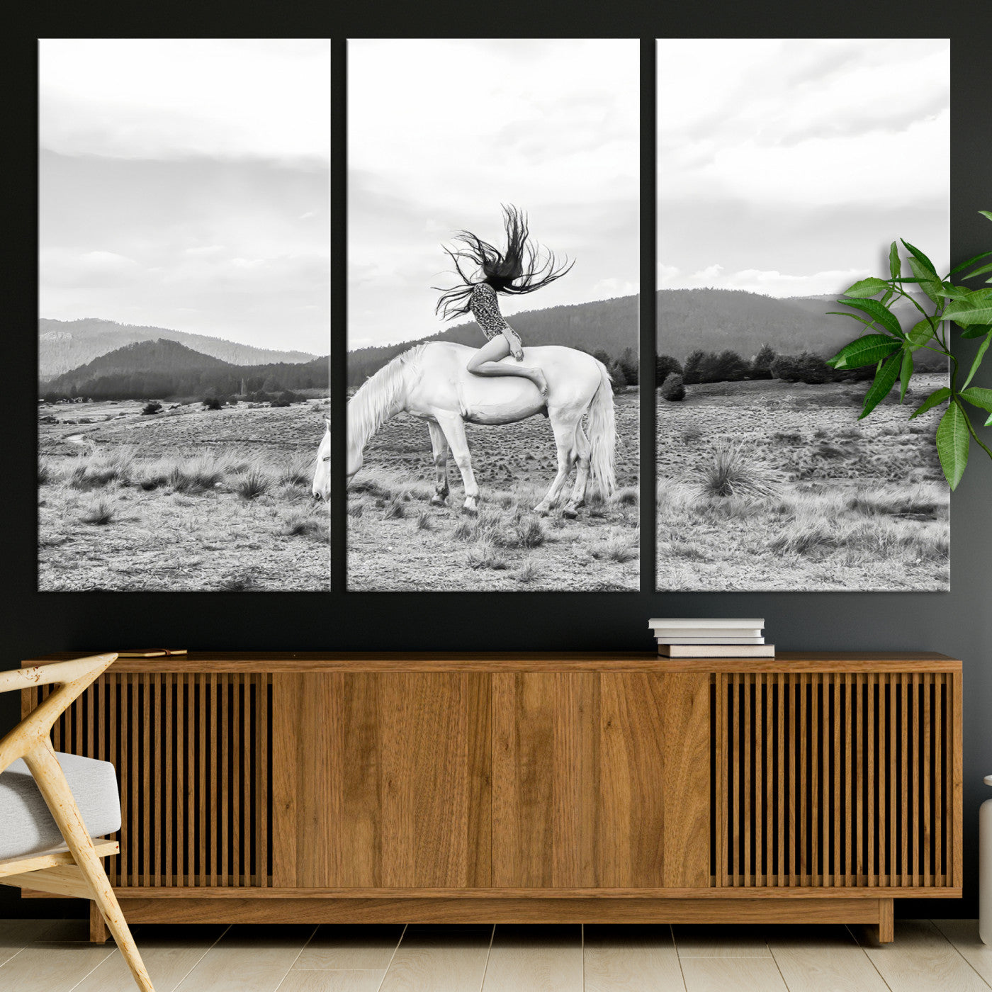 Black and white photo of a woman on a white horse in moody tones, ideal for Western Boho or modern rustic-style home decor.