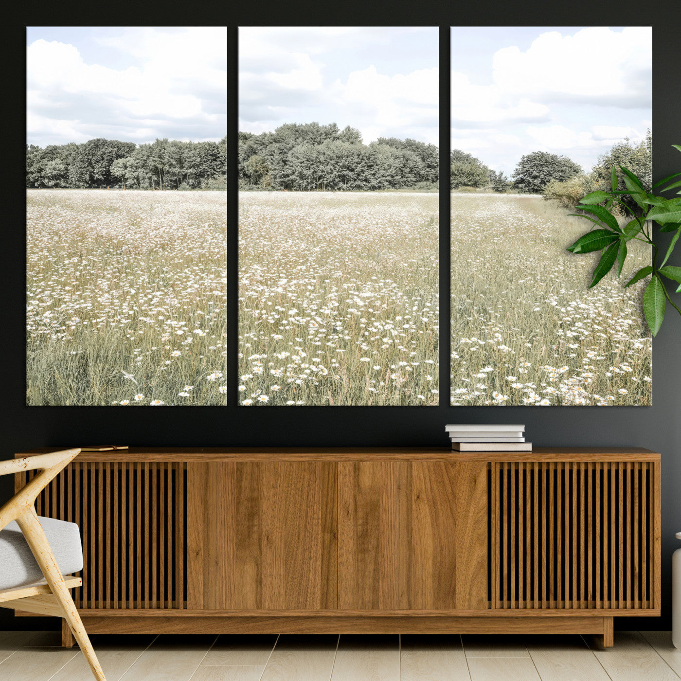 Soft-toned image of a wild daisy field under a cloudy sky, ideal for neutral or Scandinavian-inspired home decor.