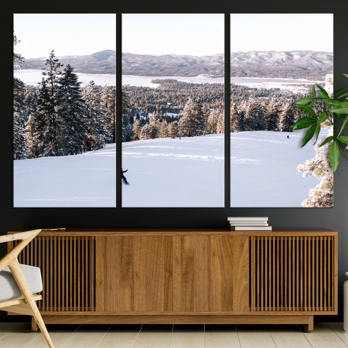 Canvas of a snowy mountain ski slope with pine trees and bright winter light, ideal for modern rustic or alpine-inspired home decor.