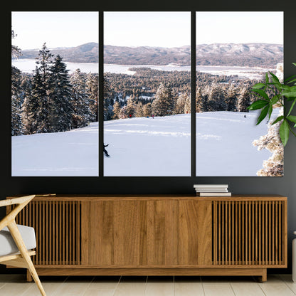 Canvas of a snowy mountain ski slope with pine trees and bright winter light, ideal for modern rustic or alpine-inspired home decor.