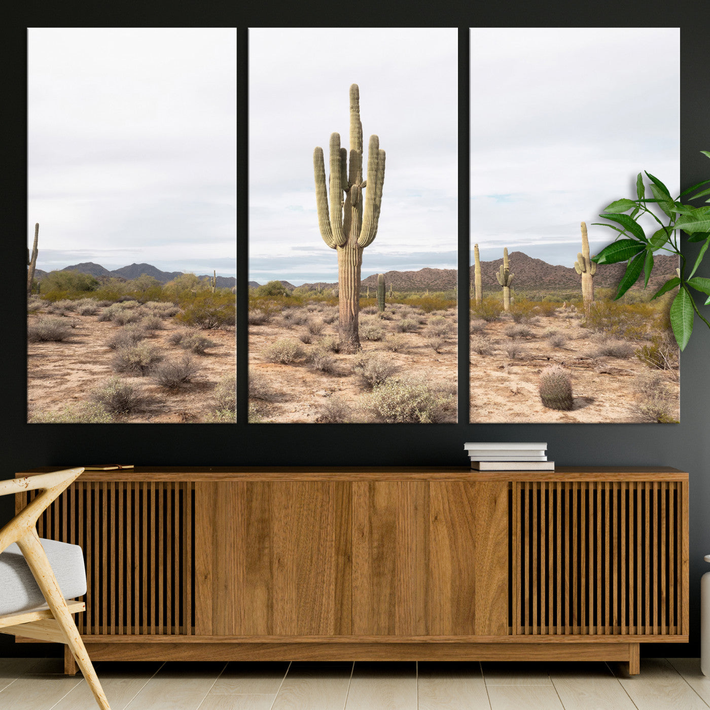 Canvas of a saguaro cactus in an earthy Sonoran desert landscape, ideal for Southwestern Boho or desert minimalism inspired home decor.   2/2