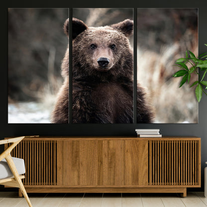 Canvas of a brown bear in soft earthy tones and moody forest light, ideal for rustic cabin or woodland nature-themed home decor.