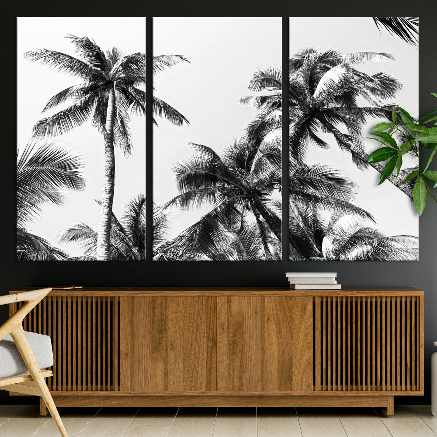 Black and white canvas of tall palm trees in moody tones, perfect for modern tropical minimalist or coastal-style home decor.
