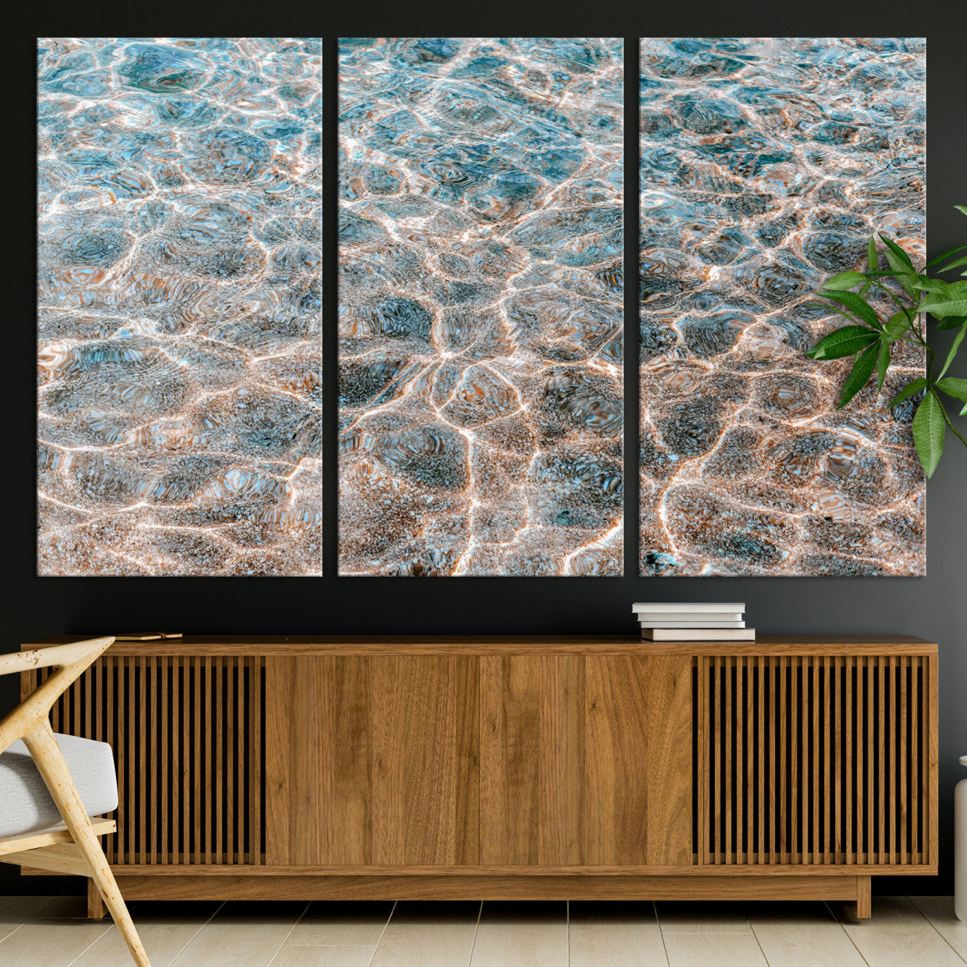 Close-up of sunlit ocean ripples with aqua blue and golden tones, ideal for modern coastal or minimalist home decor.