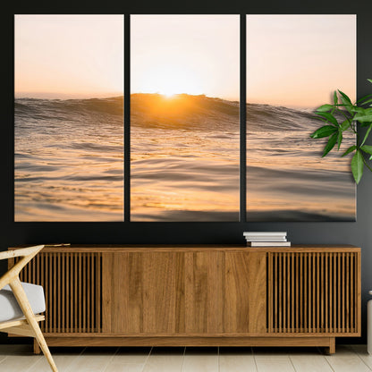 Ocean waves glowing under a warm golden sunset, reflecting soft light and calm movement, perfect for warm minimalist coastal interiors.