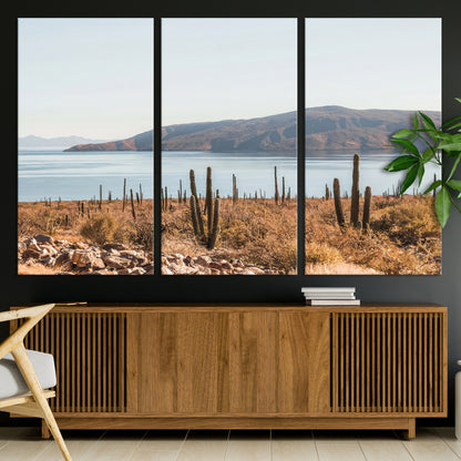 Warm desert landscape with cacti and coastal mountains, perfect for southwestern or earthy calm-themed home wall decor.