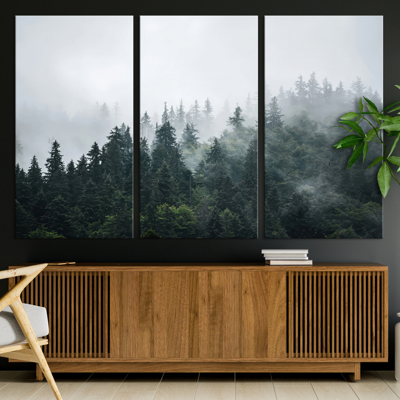 A misty evergreen forest shrouded in soft fog, creating a tranquil and moody landscape with lush green trees fading into the distance.