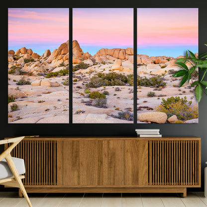 A breathtaking desert landscape featuring rugged rock formations under a vibrant pastel sunset sky, capturing the warmth and serenity of a Southwestern wilderness.