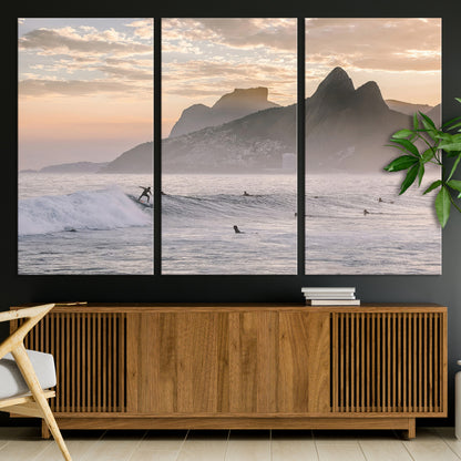 A surfer rides a golden hour wave near misty coastal mountains, surrounded by fellow surfers, capturing the spirit of a coastal adventure.
