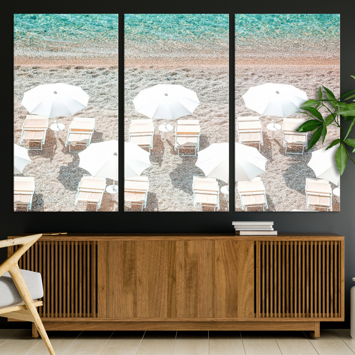A bright beach scene with white umbrellas, pastel sand, and turquoise waters, creating a tranquil coastal vibe, perfect for beach house or summer decor.