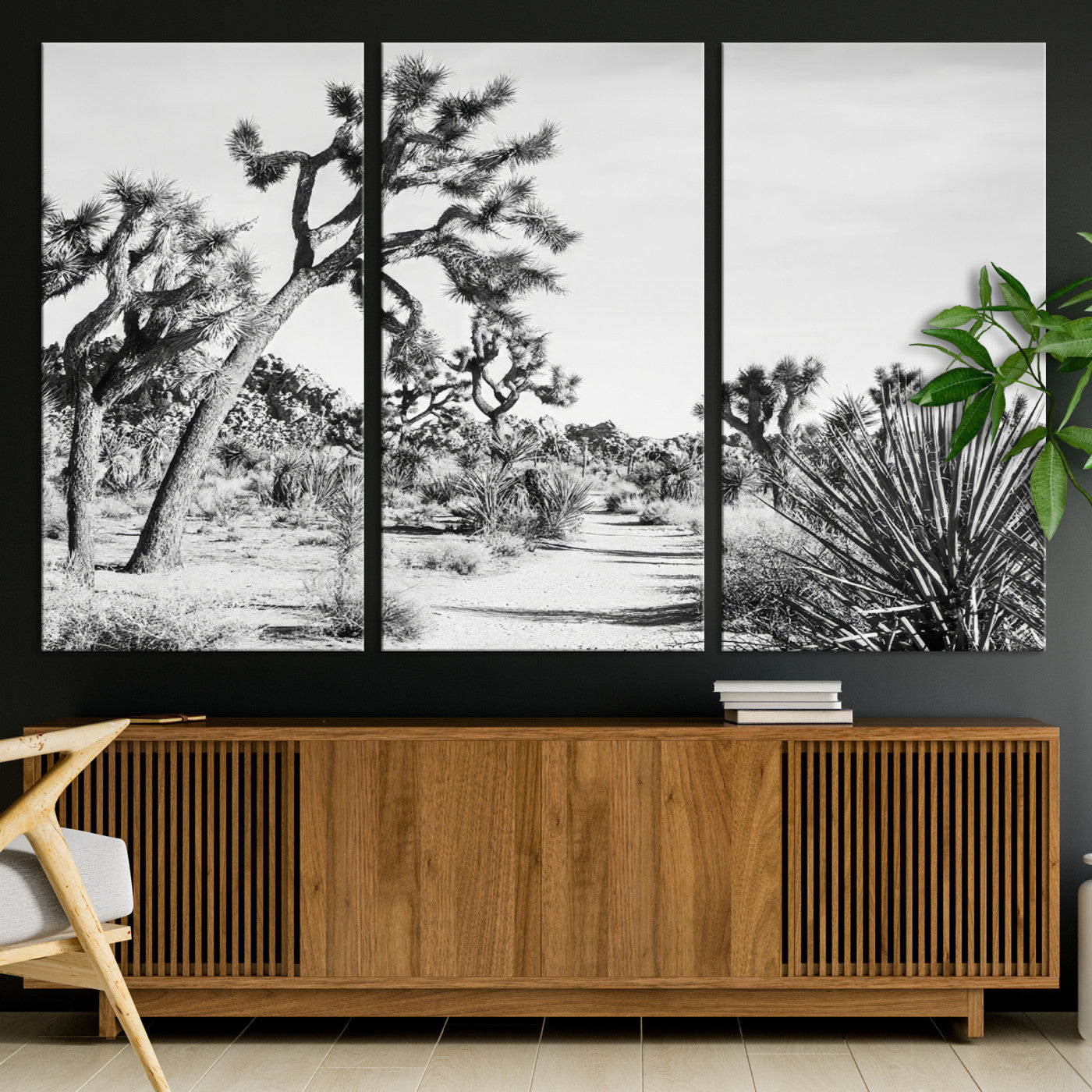 Canvas of a Joshua Tree forest in black and white tones, featuring a desert path and spiky vegetation, ideal for minimalist or rustic decor.