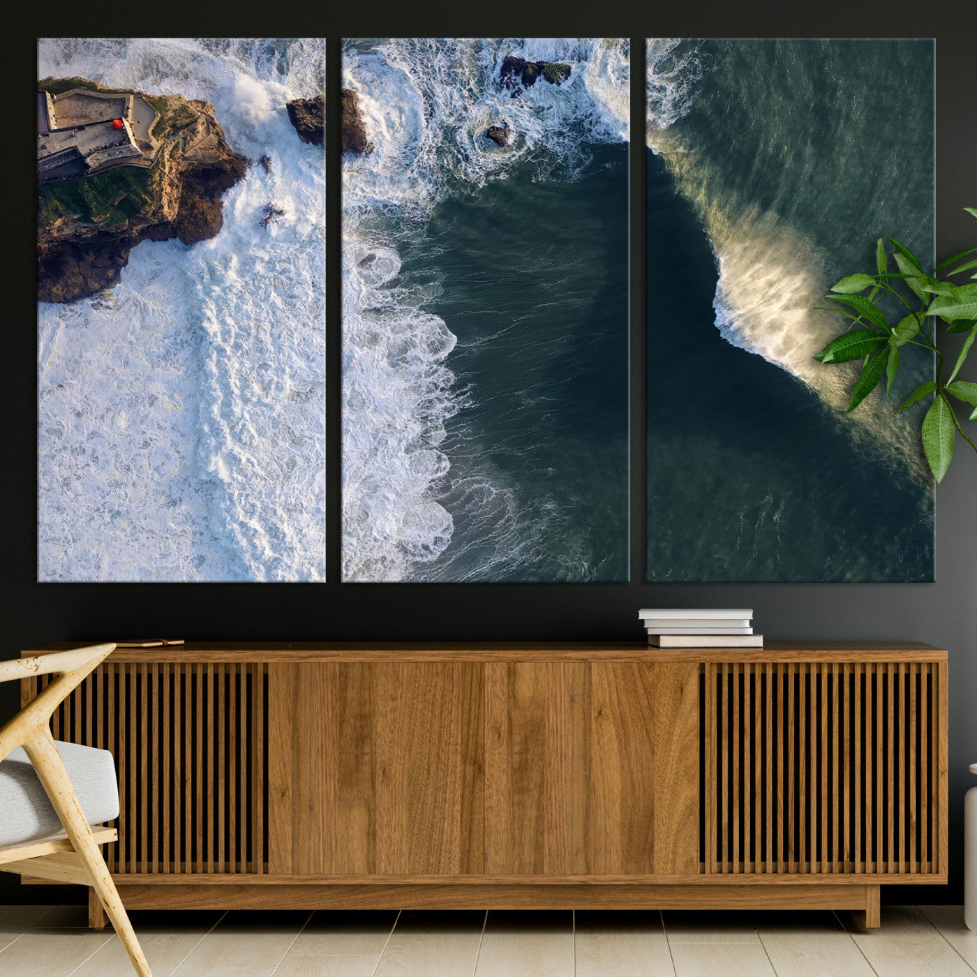 Canvas showing an aerial view of crashing waves along the Nazaré coastline, perfect for dramatic coastal or ocean-themed home decor.