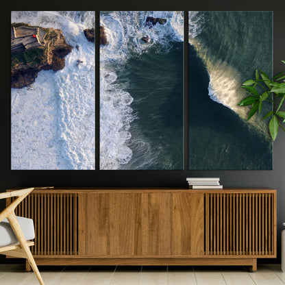 Canvas showing an aerial view of crashing waves along the Nazaré coastline, perfect for dramatic coastal or ocean-themed home decor.