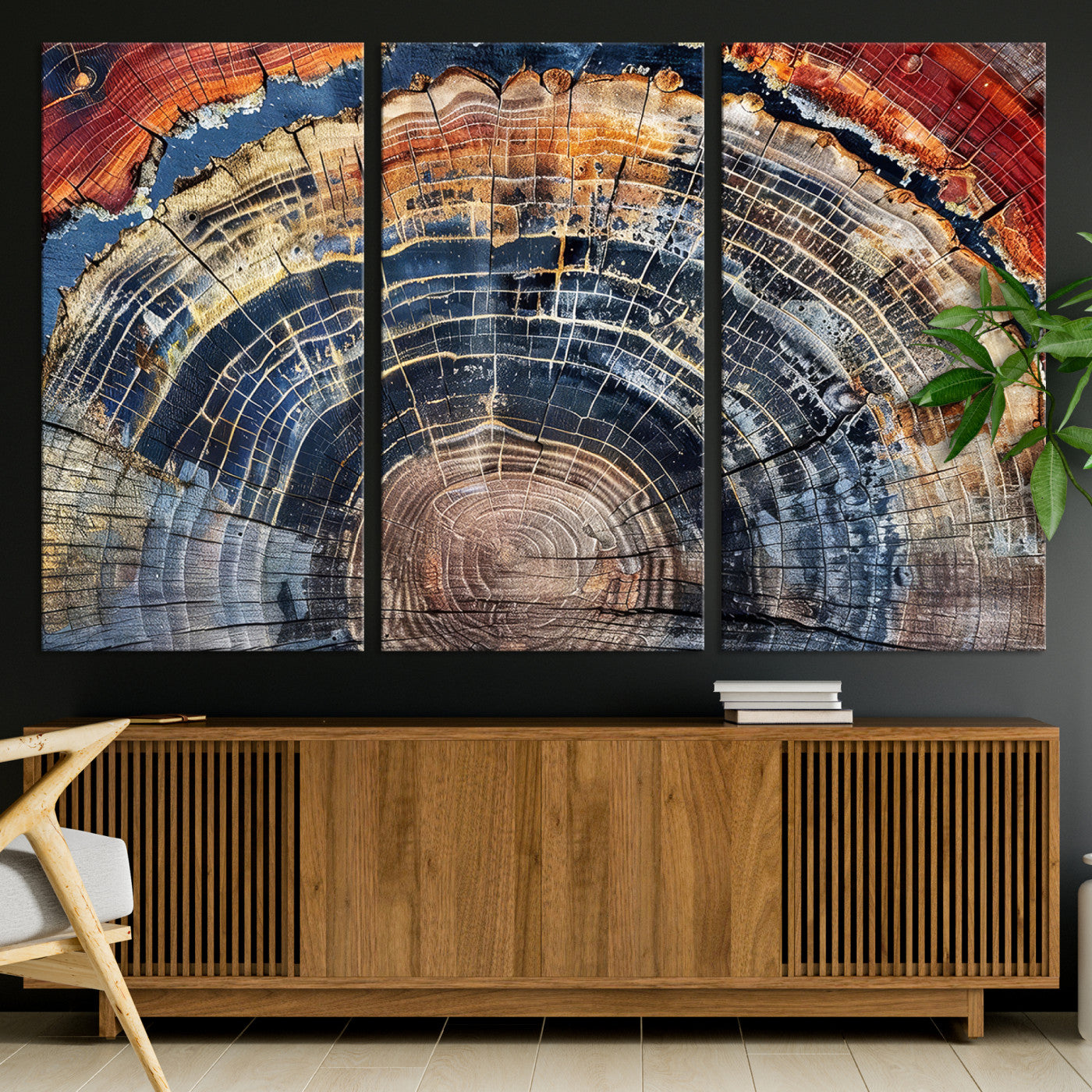 Vibrant tree ring with orange, brown, and blue tones in abstract detail, perfect for rustic or boho-inspired wall decor.