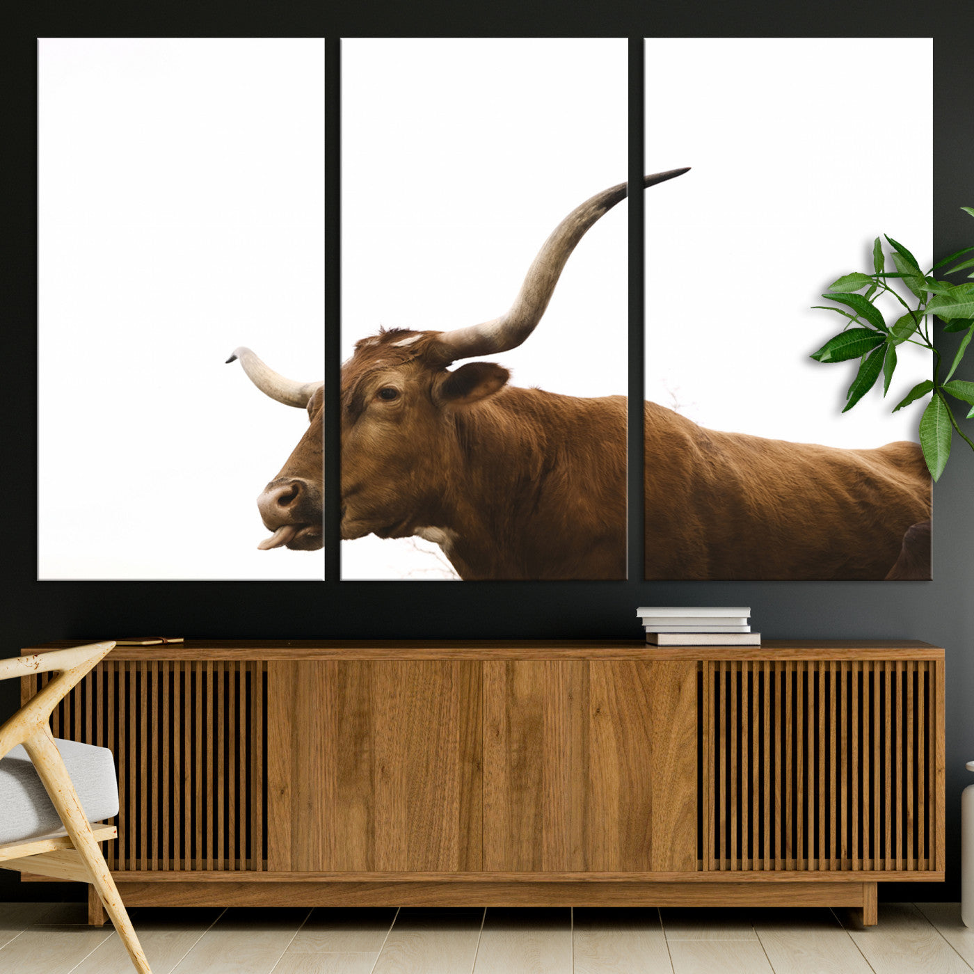 Minimal photo of a longhorn cow with white background, ideal for rustic, western or farmhouse-style interior decor.