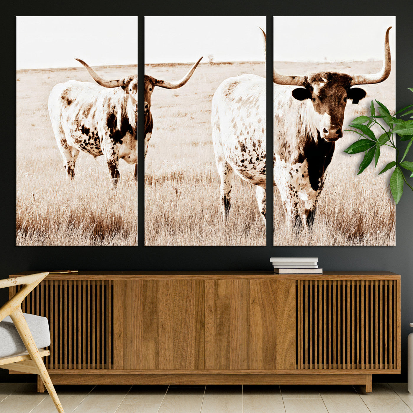 Two Texas longhorn cows standing in a sepia-toned pasture, evoking rustic charm perfect for farmhouse or western country interiors. (
