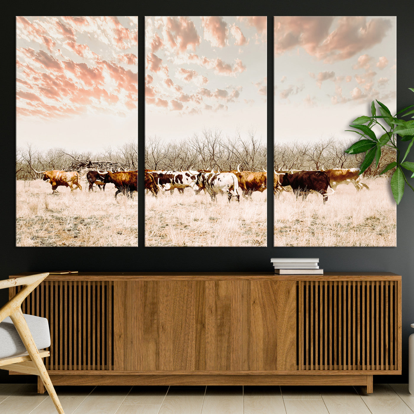 Cattle herd in a soft-toned field under a pastel pink sky, creating a peaceful rustic feel, perfect for farmhouse or western-themed spaces.